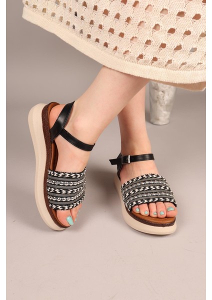Plat Örgü Sandalet Siyah