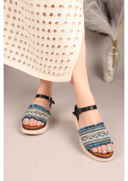 Tassel Püskül ve Boncuklu Sandalet Lacivert