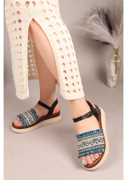 Tassel Püskül ve Boncuklu Sandalet Lacivert fiyatları