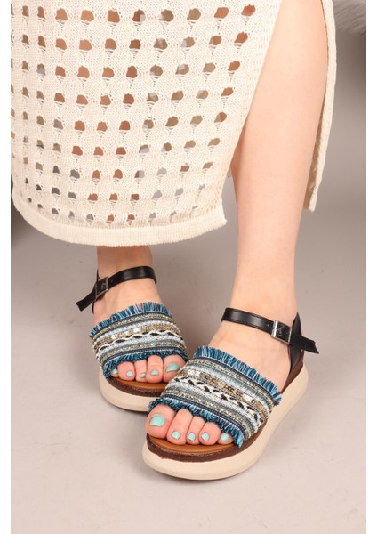 Tassel Püskül ve Boncuklu Sandalet Lacivert modelleri