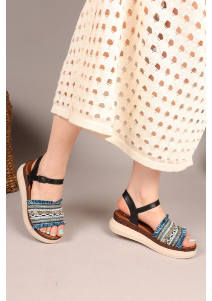 Tassel Püskül ve Boncuklu Sandalet Lacivert fırsatları