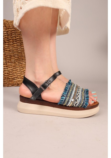 Tassel Püskül ve Boncuklu Sandalet Lacivert indirimleri