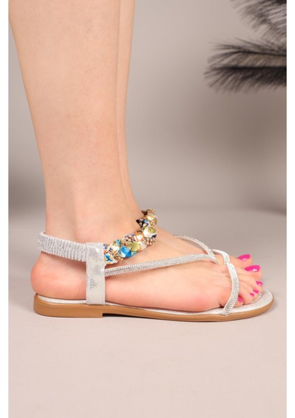 Satin Saten Örgülü Sandalet Gümüş