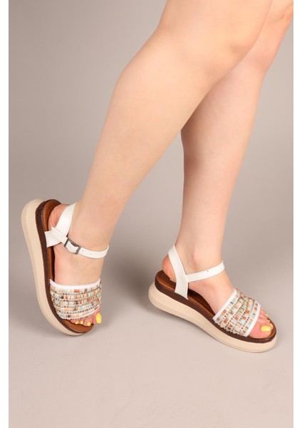 Woven Kalın Taban Sandalet Beyaz