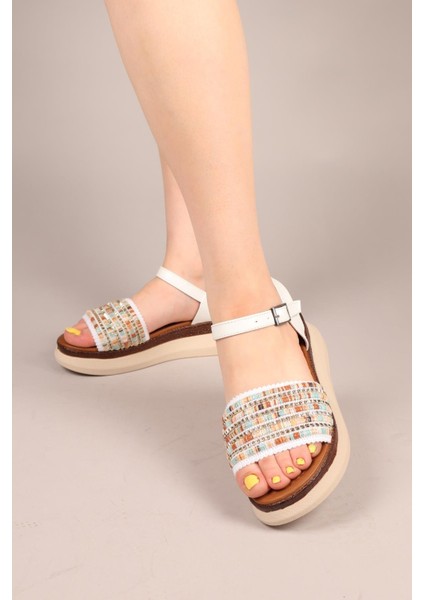 Woven Kalın Taban Sandalet Beyaz fiyatları