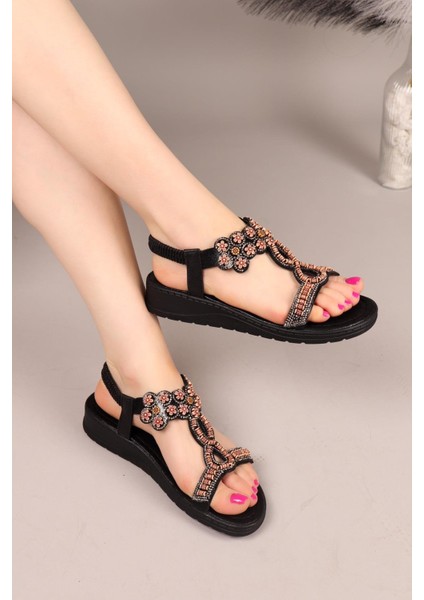 Derla Tahta Çiçekli Boncuklu Sandalet Siyah