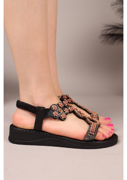 Derla Tahta Çiçekli Boncuklu Sandalet Siyah indirimleri