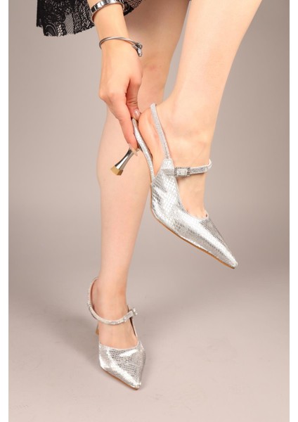 Blissy Yılan Dokulu Arkası Taşlı Stiletto Gümüş