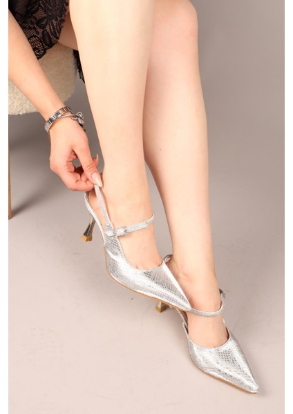 Blissy Yılan Dokulu Arkası Taşlı Stiletto Gümüş indirimleri