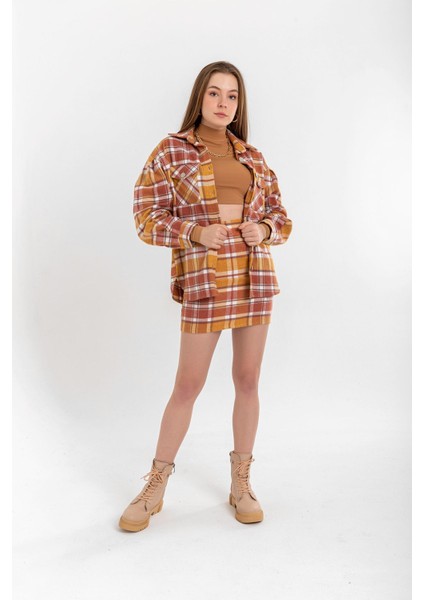 Oduncu Kumaş Mini Boy Dar Kalıp Çizgili Kadın Etek-Hardal fiyatları