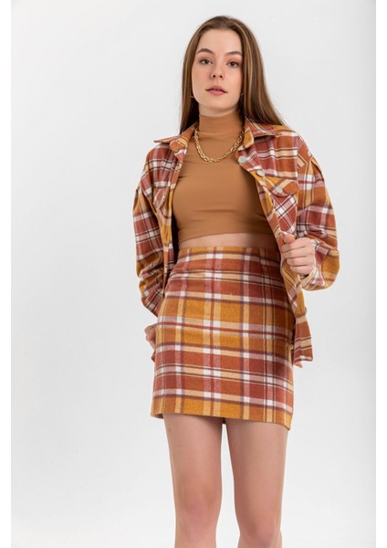 Oduncu Kumaş Mini Boy Dar Kalıp Çizgili Kadın Etek-Hardal modelleri