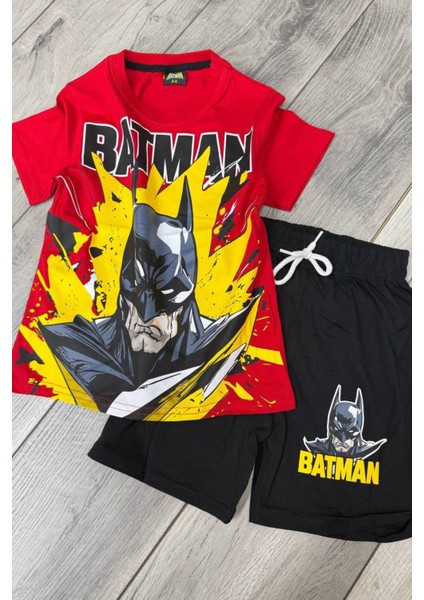 Batman Baskılı Kırmızı Tişört ve Siyah Şort Yazlık Çocuk Takım