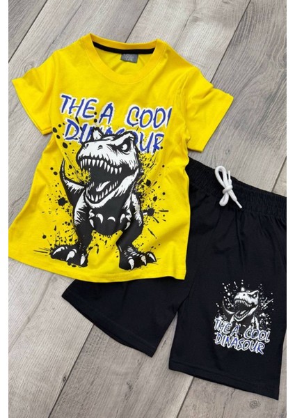 Dinozor Baskılı Sarı Tişört ve Siyah Şort Yazlık Çocuk Takım