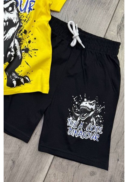 Dinozor Baskılı Sarı Tişört ve Siyah Şort Yazlık Çocuk Takım fiyatları