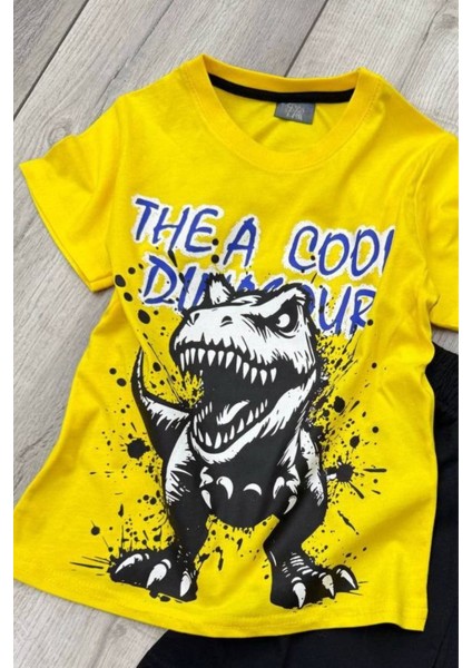 Dinozor Baskılı Sarı Tişört ve Siyah Şort Yazlık Çocuk Takım modelleri