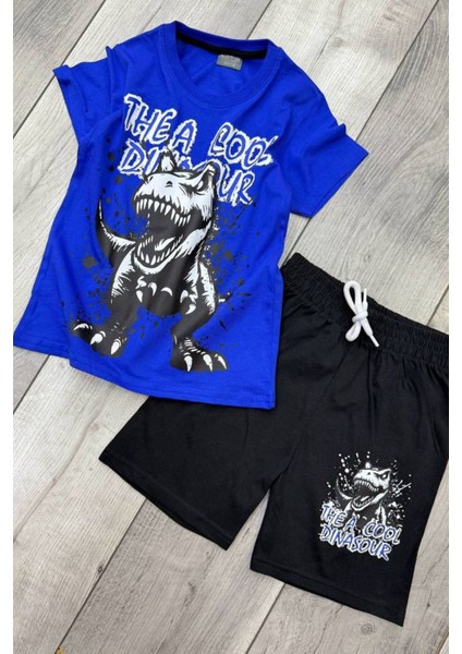 Dinozor Baskılı Mavi Tişört ve Siyah Şort Yazlık Çocuk Takım