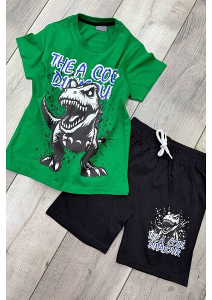 Dinozor Baskılı Yeşil Tişört ve Siyah Şort Yazlık Çocuk Takım