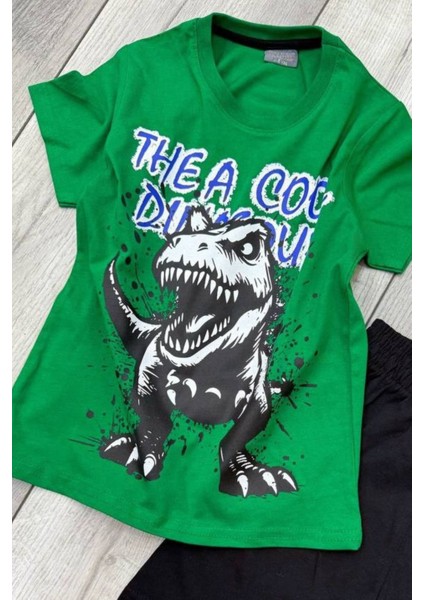 Dinozor Baskılı Yeşil Tişört ve Siyah Şort Yazlık Çocuk Takım modelleri