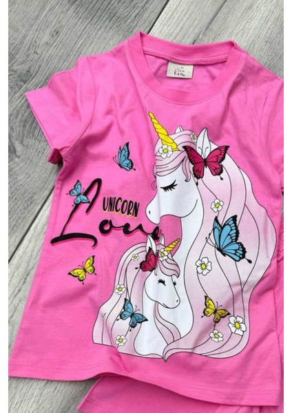 Unicorn Baskılı Pembe Tişört ve Şort Kız Çocuk Yazlık Takım