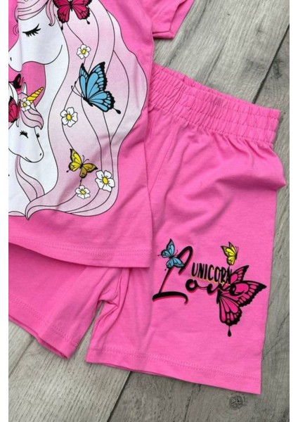 Unicorn Baskılı Pembe Tişört ve Şort Kız Çocuk Yazlık Takım