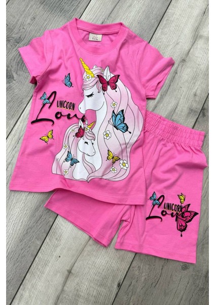 Unicorn Baskılı Pembe Tişört ve Şort Kız Çocuk Yazlık Takım