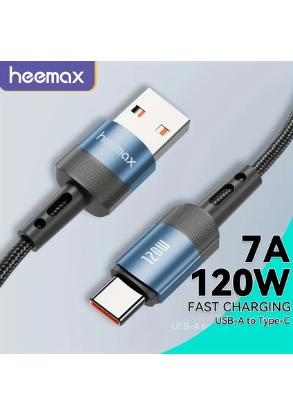 Heemax 120W USB A - USB C Hızlı Şarj Kablosu (7A),IPHONE 16/15, Galaxy S25–S21, Macbook, Ipad, Laptop Uyumlu