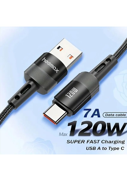 Heemax 120W USB A - USB C Hızlı Şarj Kablosu (7A),IPHONE 16/15, Galaxy S25–S21, Macbook, Ipad, Laptop Uyumlu modelleri