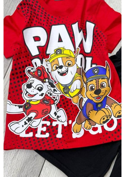 Paw Patrol Baskılı Kırmızı Tişört ve Siyah Şort Yazlık Çocuk Takım
