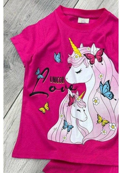 Unicorn Baskılı Fuşya Tişört ve Şort Kız Çocuk Yazlık Takım