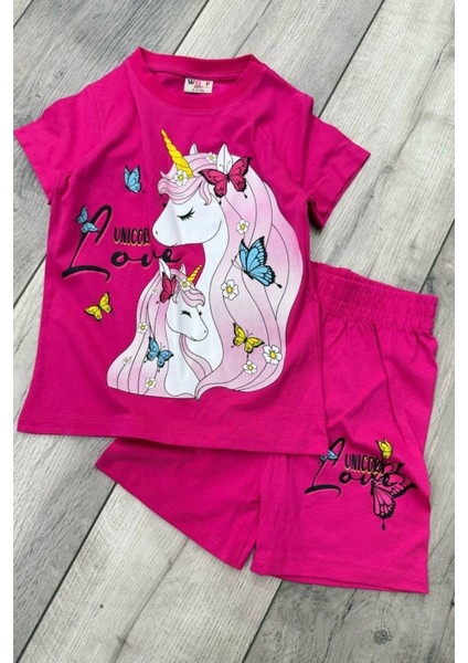Unicorn Baskılı Fuşya Tişört ve Şort Kız Çocuk Yazlık Takım