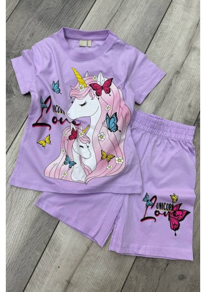 Unicorn Baskılı Lila Tişört ve Şort Kız Çocuk Yazlık Takım