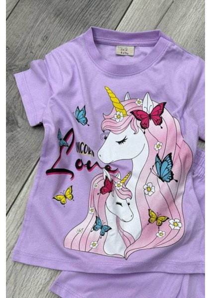 Unicorn Baskılı Lila Tişört ve Şort Kız Çocuk Yazlık Takım