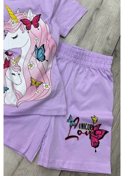 Unicorn Baskılı Lila Tişört ve Şort Kız Çocuk Yazlık Takım fiyatları