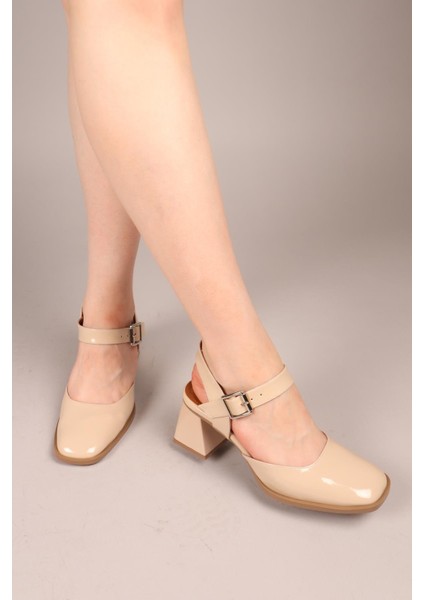 Moros Küt Burunlu Rugan Topuklu Ayakkabı Ten