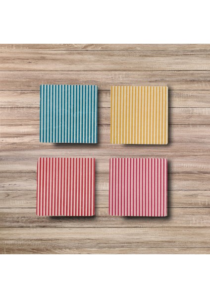 Renkli Ince Çizgili Taş Bardak Altlığı – 4’lü Set