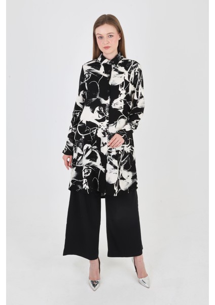 Önden Düğmeli,gömlek Yaka,viskon Kumaş Tesettüre Uygun Siyah Beyaz Tunik