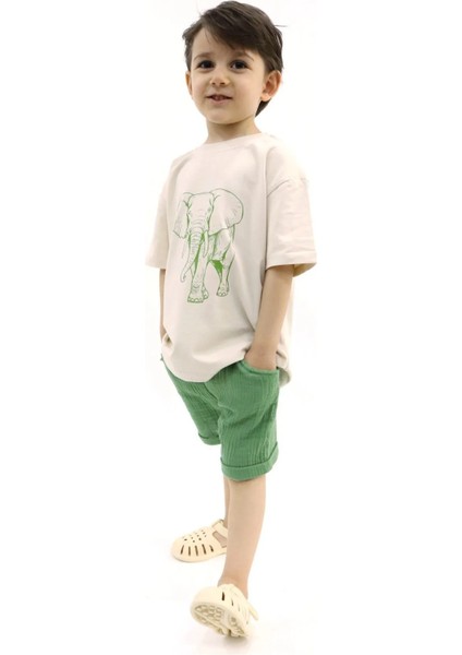 Fil Taş Rengi Tshirt Yeşil Müslin Şort Takım modelleri