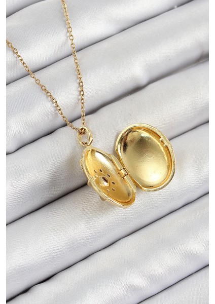 316L Çelik Zincir Açılabilir Madalyon Model Zirkon Taşlı Gold Renk Kadın Kolye