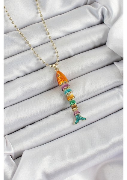 Pirinç Rainbow Balık Model Zirkon Taşlı Gold Renk Kadın Kolye