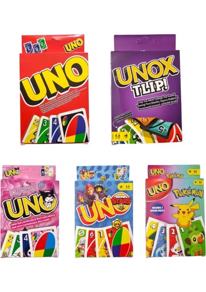 Uno + Unox Tlip + Kuromi Uno + Pokemon Uno + Brawl Stars Uno Oyun Kartları - 5 Li Set