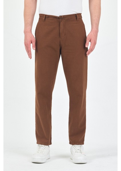 Theseason Erkek Tarçın Kahve Pamuklu Keten Görünümlü Beli Bağcıklı Relaxed Fit Yazlık Chino Pantolon