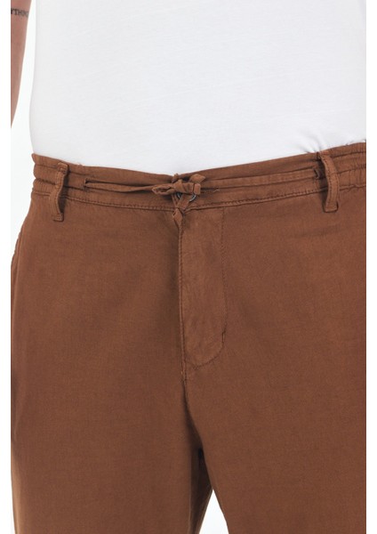 Theseason Erkek Tarçın Kahve Pamuklu Keten Görünümlü Beli Bağcıklı Relaxed Fit Yazlık Chino Pantolon fiyatları