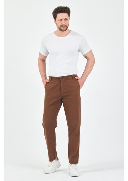 Theseason Erkek Tarçın Kahve Pamuklu Keten Görünümlü Beli Bağcıklı Relaxed Fit Yazlık Chino Pantolon fırsatları