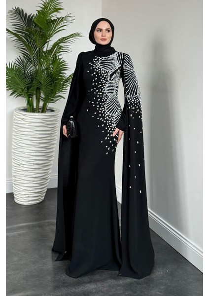 Carla Yandan Taşlı Abiye Siyah