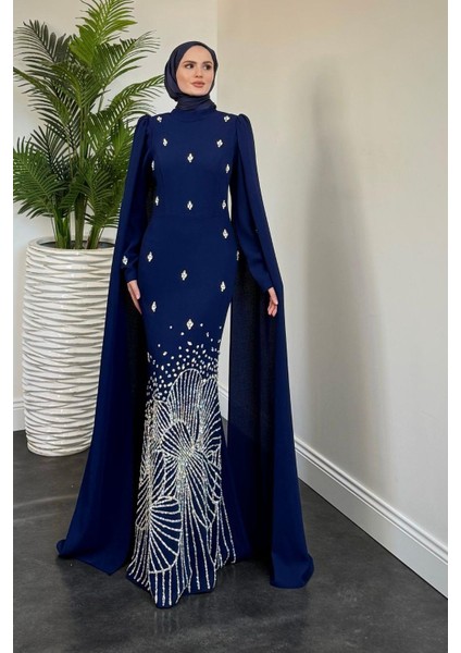 Farah Kolları Pelerinli Abiye Indigo