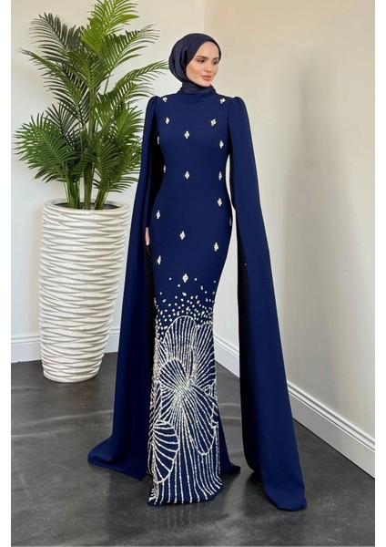 Farah Kolları Pelerinli Abiye Indigo