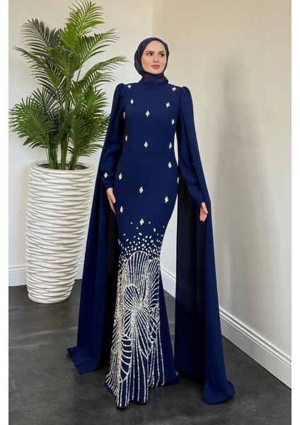 Farah Kolları Pelerinli Abiye Indigo