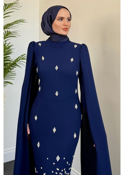 Farah Kolları Pelerinli Abiye Indigo