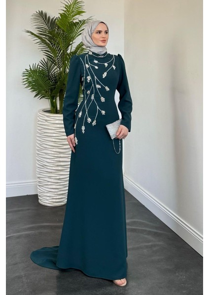 Arinya Yandan Taşlı Kuyruklu Abiye Petrol Yeşili