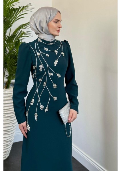 Arinya Yandan Taşlı Kuyruklu Abiye Petrol Yeşili fiyatları